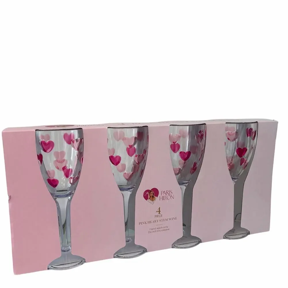 Paris Hilton Pink Heart Acrylic Stem Wine Glasses Set of 4 Outdoor Barware NEW